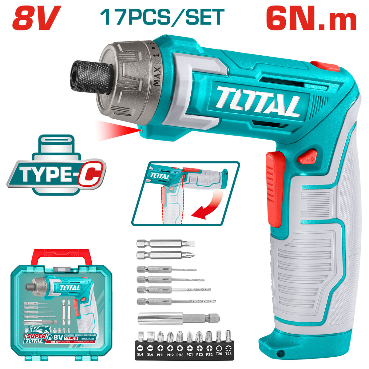 TOTAL 17PCs Cordless Screwdriver Set 6N.m | 1/4" - Without USB Cable (TSDLI08025)
