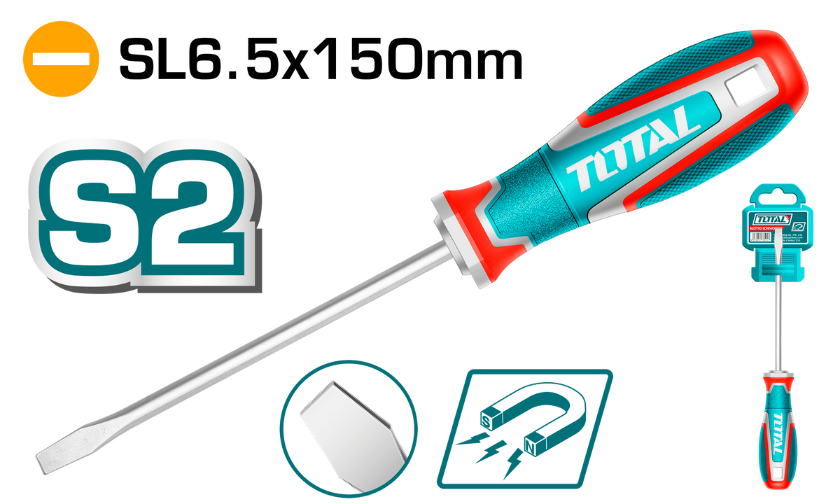 TOTAL Slotted Screwdriver SL6.5 150mm – S2 Steel Magnetic Tip with Ergonomic Handle (TSDSL6150)