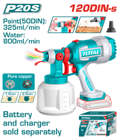 TOTAL 20V Cordless Spray Gun – 1000ml Paint Sprayer with Adjustable Spray - Battery & Charger Sold Separately (TSGLI2004)