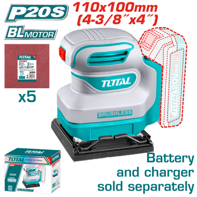 TOTAL Cordless Sheet Sander 20V | 110mmx100mm – Brushless Finishing Sander - Battery & Charger Sold Separately (TSHSLI2024)
