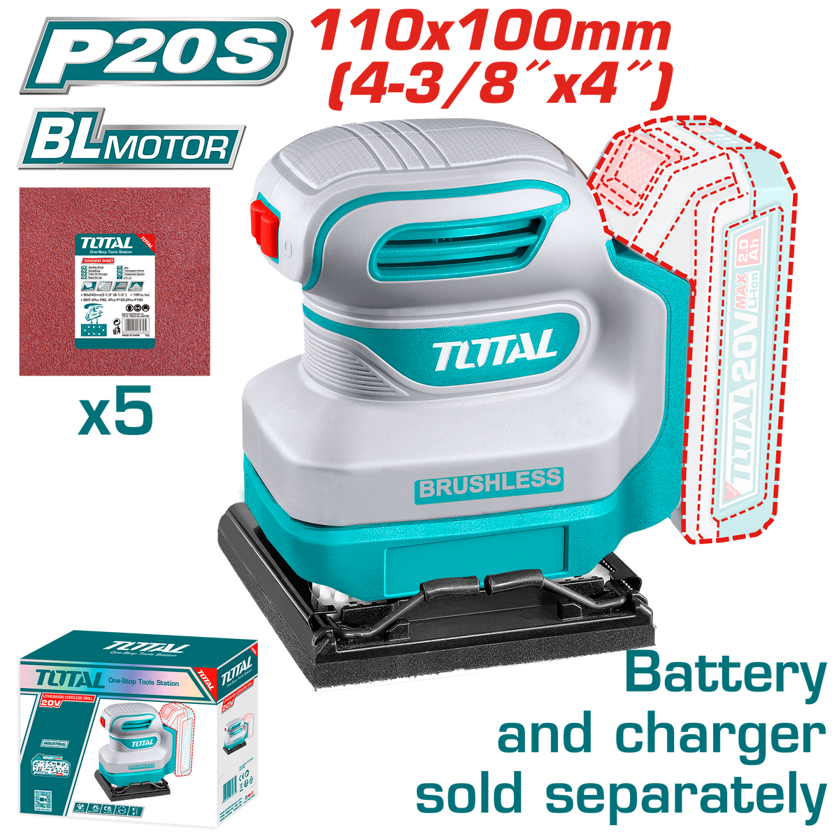 TOTAL Cordless Sheet Sander 20V | 110mmx100mm – Brushless Finishing Sander - Battery & Charger Sold Separately (TSHSLI2024)