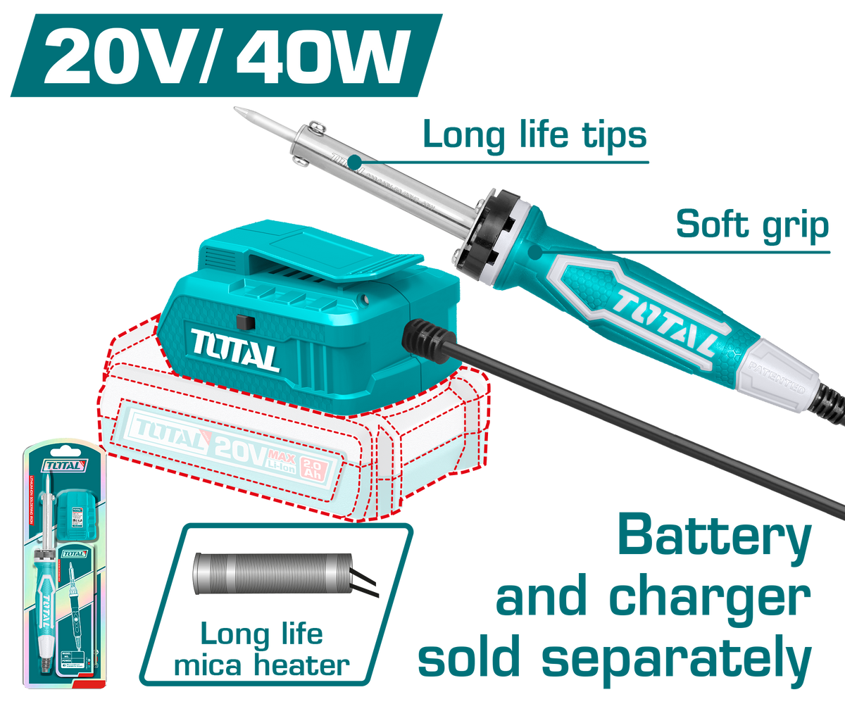 TOTAL 20V Cordless Soldering Iron 40W – Portable Battery-Powered Soldering Tool (TSILI2001)