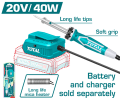 TOTAL 20V Cordless Soldering Iron 40W – Portable Battery-Powered Soldering Tool (TSILI2001)