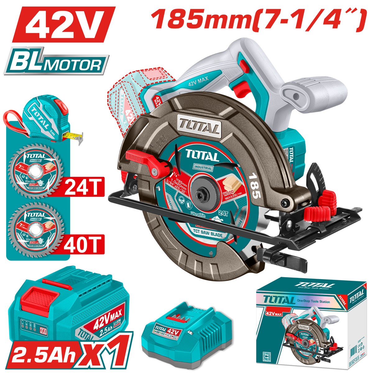 TOTAL Cordless Circular Saw – Brushless 42V, 185mm Blade (TSLI4218511)