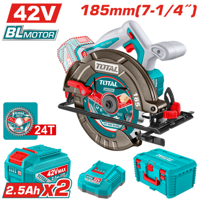 TOTAL Cordless Brushless Circular Saw 42V – 185mm | 7.25" with 2 Batteries (TSLI4218512)