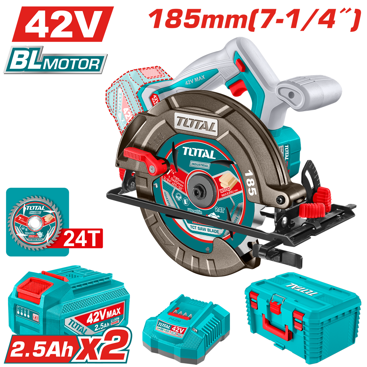 TOTAL Cordless Brushless Circular Saw 42V – 185mm | 7.25" with 2 Batteries (TSLI4218512)