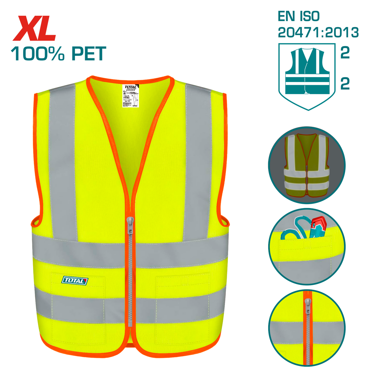 TOTAL Reflective Safety Vest – Fluorescent Yellow, EN471 Class 2, XL (TSP63XL)