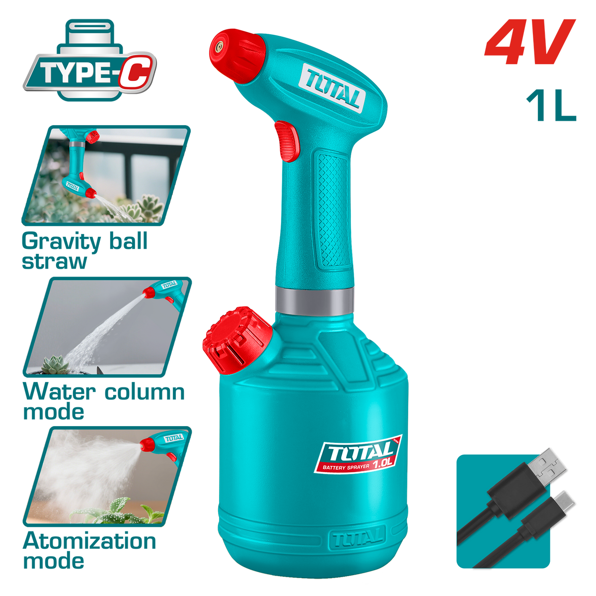 TOTAL Battery Sprayer 4V | 1L – Portable Electric Sprayer with 90min Work Time (TSPP3701)