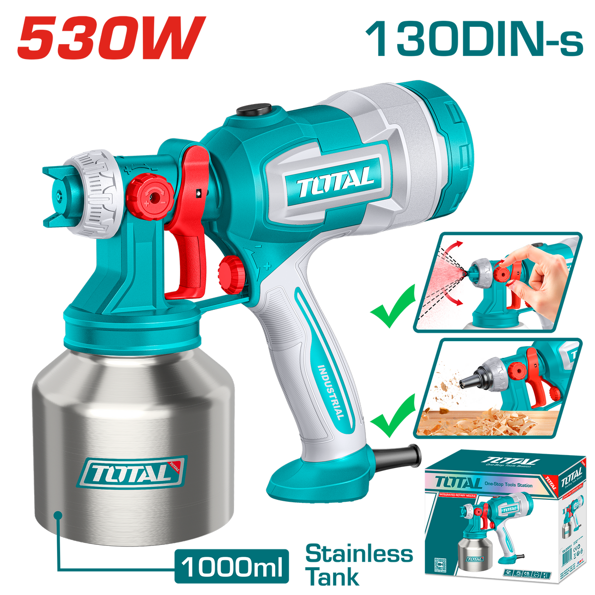 TOTAL Electric Paint Spray Gun 530W – Paint Sprayer 1000ml with Adjustable Spray & Dust Blower (TT45061)