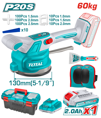 TOTAL Cordless Tile Vibration Machine – 20V, 0–10000rpm, 60kg Suction, 130mm Pad, 6-Speed (TTVLI20018)