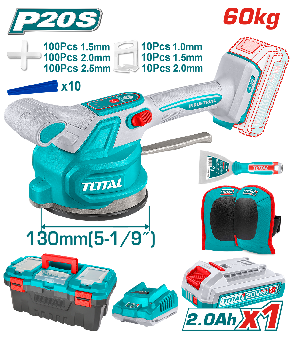TOTAL Cordless Tile Vibration Machine – 20V, 0–10000rpm, 60kg Suction, 130mm Pad, 6-Speed (TTVLI20018)