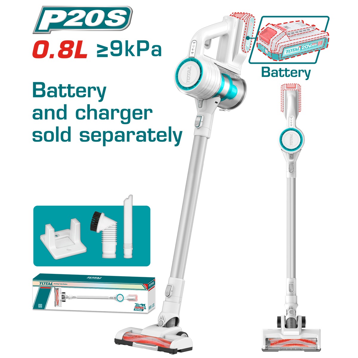 TOTAL Cordless Vacuum Cleaner 20V – 120W Cyclone Vacuum with HEPA Filter - Battery & Charger Sold Separately (TVLI20061)