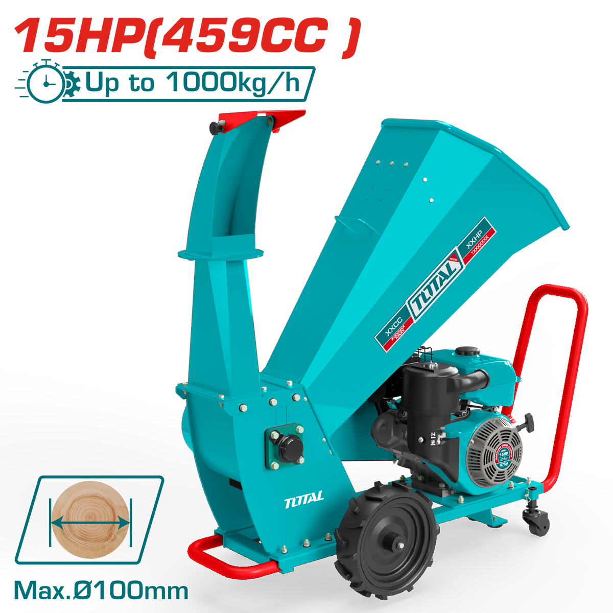 TOTAL Gasoline Wood Chipper 15HP – 100mm Capacity Wood Shredder with Wheels (TWCS2100)