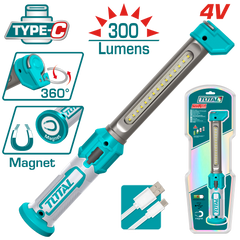 TOTAL Cordless Rechargeable Work Lamp – 300 Lumens, Magnetic Base, USB Charging (TWLI043006)