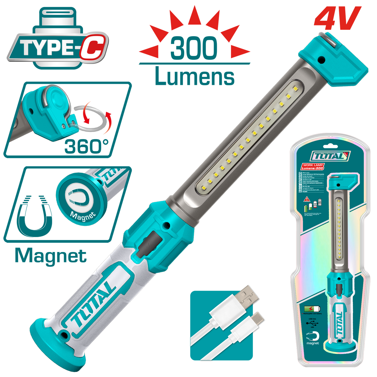 TOTAL Cordless Rechargeable Work Lamp – 300 Lumens, Magnetic Base, USB Charging (TWLI043006)