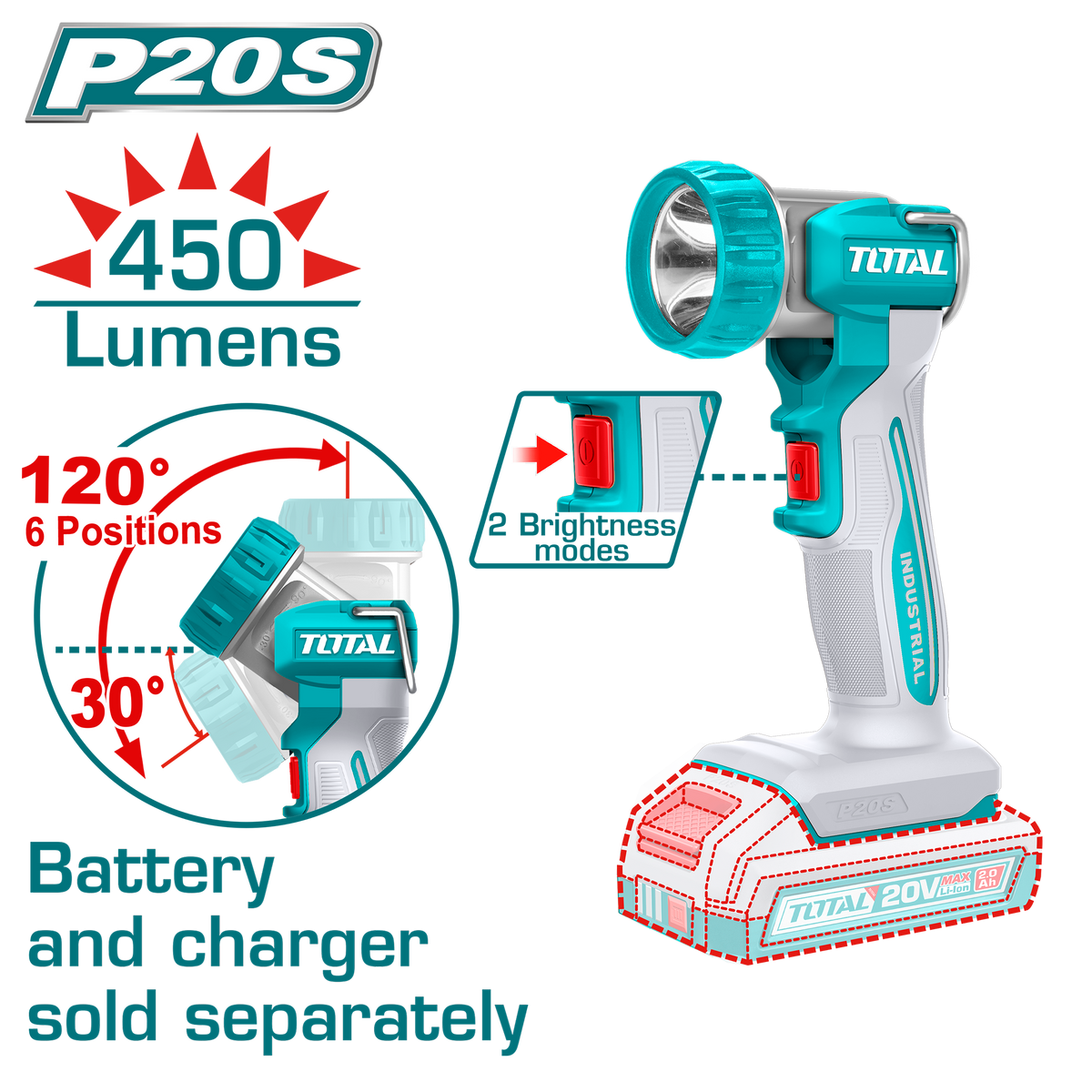 TOTAL Cordless Work Lamp 20V – 450 Lumens LED Portable Work Light (TWLI2058)