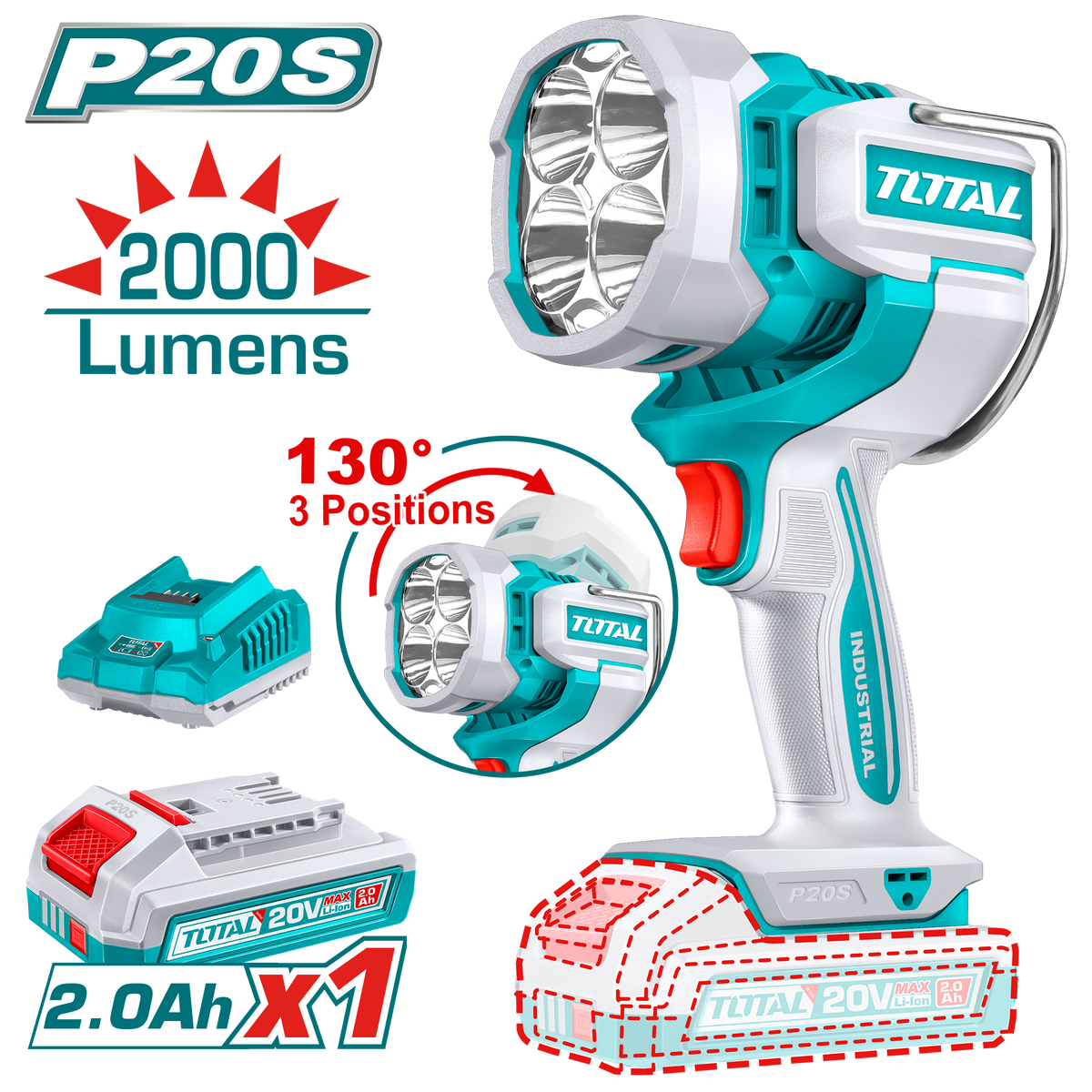 TOTAL 20V Cordless LED Work Lamp with 3 Brightness Modes – 2000 Lumens (TWLI20881)