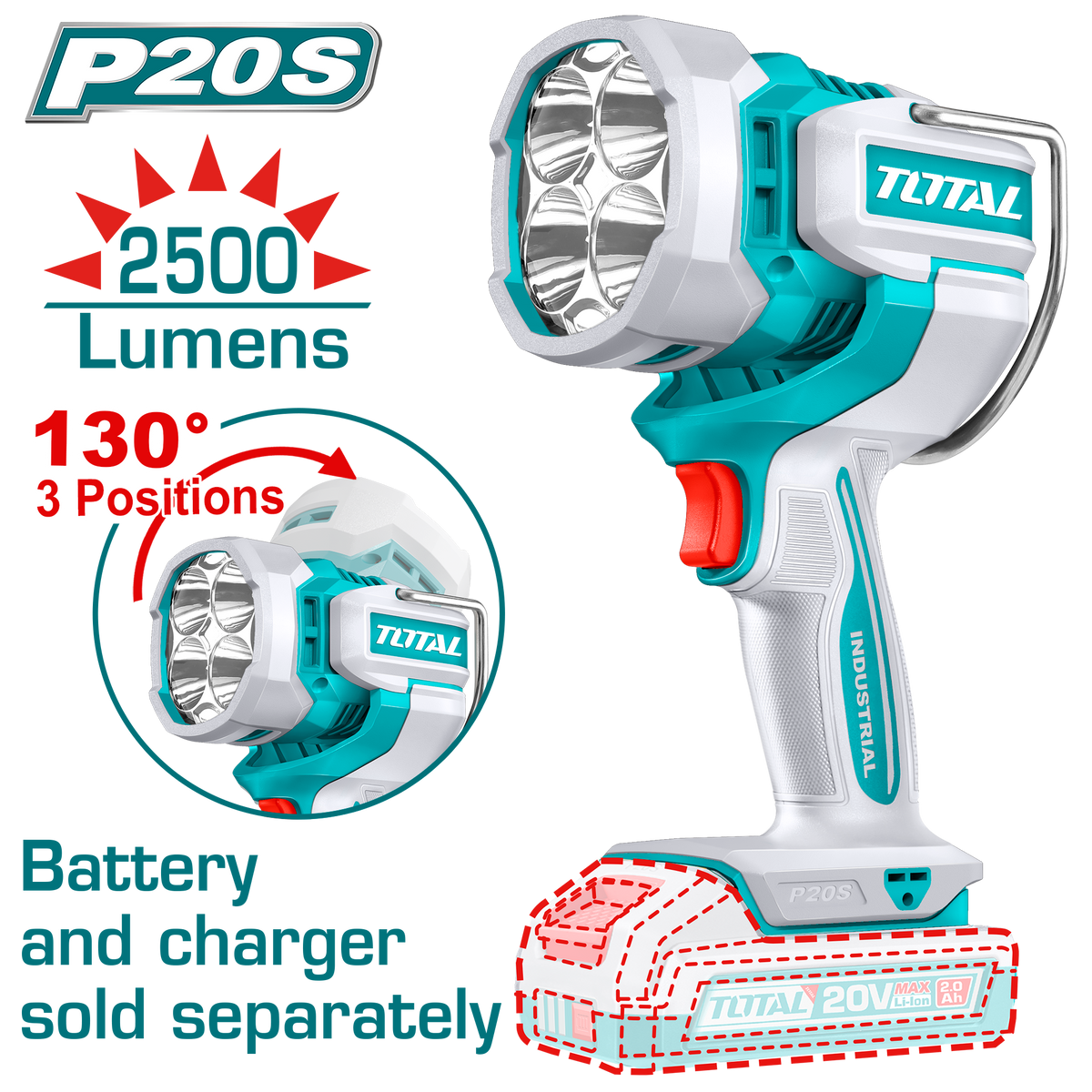 TOTAL Cordless Work Lamp 20V – 22.5W LED Adjustable Work Light - Battery & Charger Sold Separately (TWLI20885)