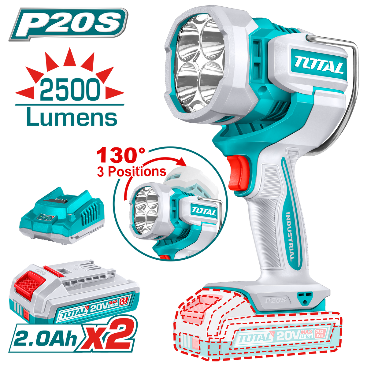 TOTAL Cordless Work Lamp 20V – 2500 Lumens LED Rechargeable Work Light Kit (TWLI20887)