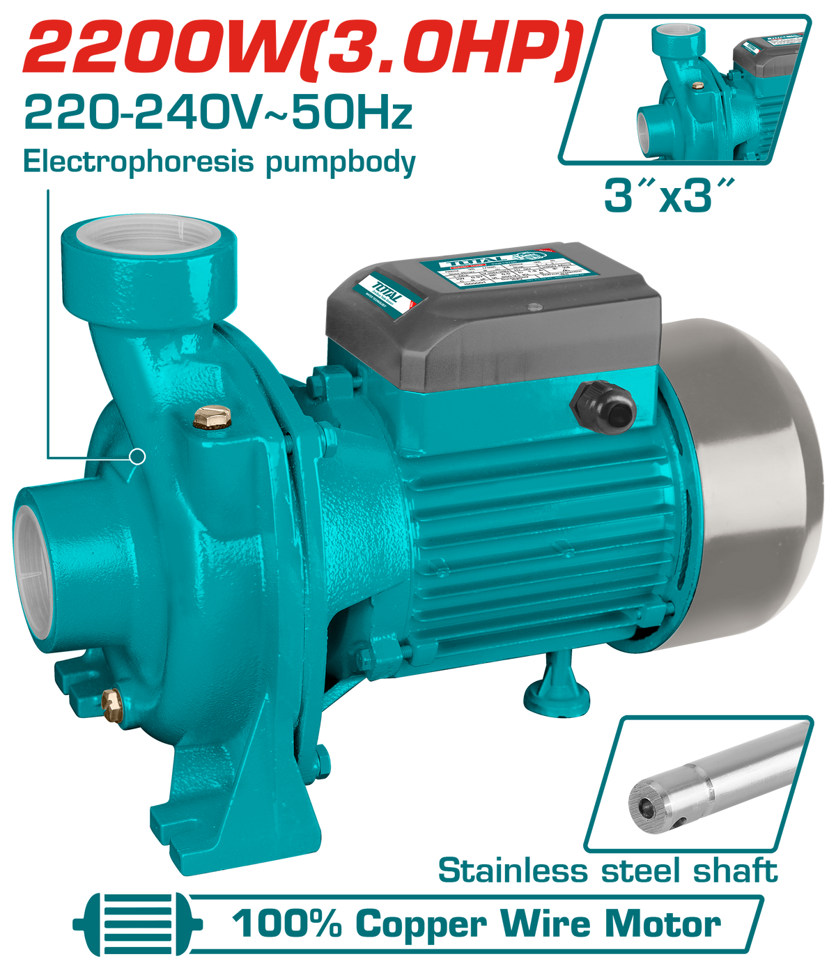 TOTAL Centrifugal Water Pump 2200W | 3HP – 3" High Flow Water Pump 800L/min (TWP222002)