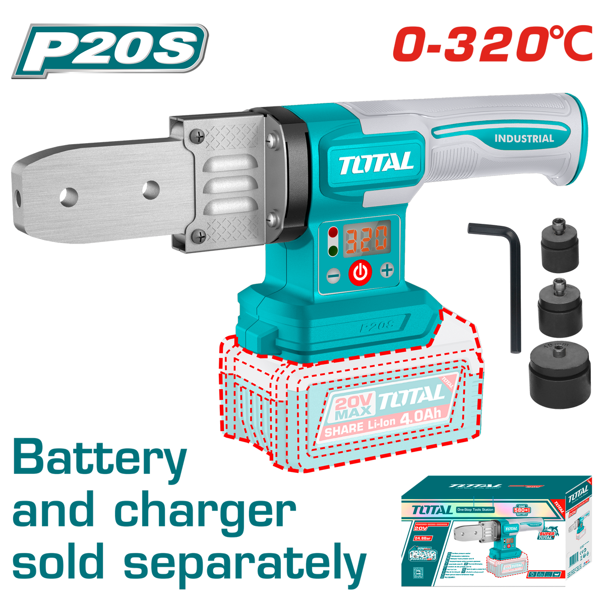TOTAL Cordless Plastic Tube Welding Tool 20V – 320℃ Adjustable Temperature - Battery & Charger Sold Separately (TWTLI2018)