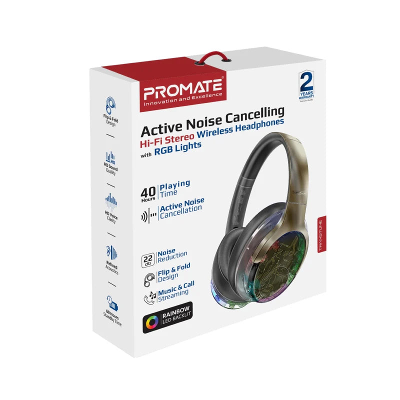 Promate TransTune Active Noise Cancelling Hi-Fi Stereo Wireless Headphones with RGB Lights - Silver