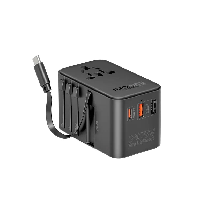 محول سفر Promate TripMate-GaN70R 70 واط مع كابل USB-C مدمج