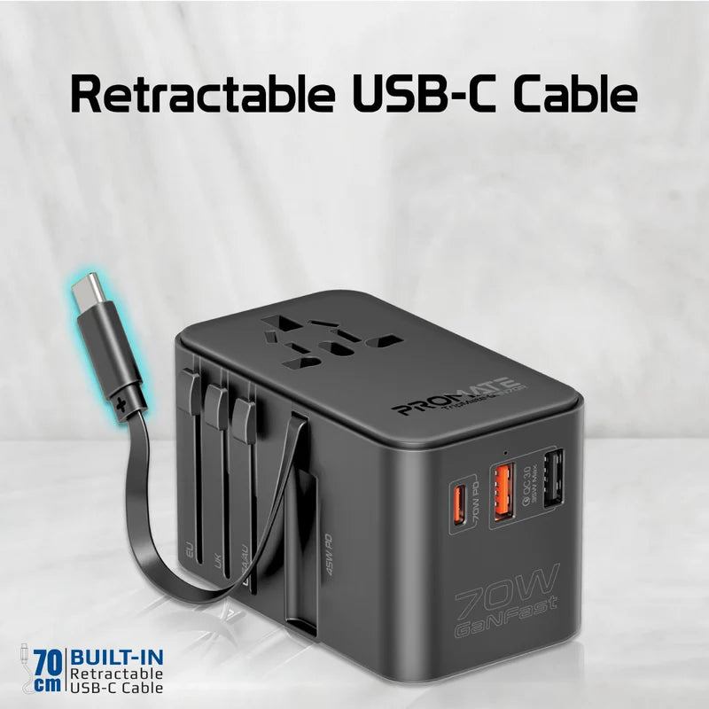 محول سفر Promate TripMate-GaN70R 70 واط مع كابل USB-C مدمج
