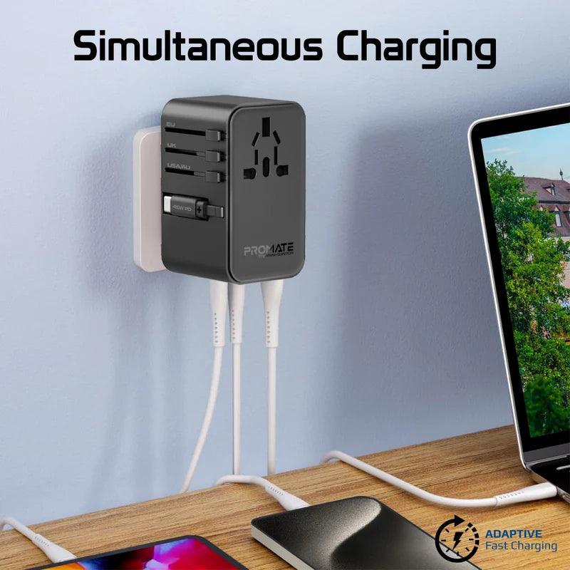 Promate TripMate-GaN70R 70W GaN Travel Adapter with Retractable Built-in USB-C Cable