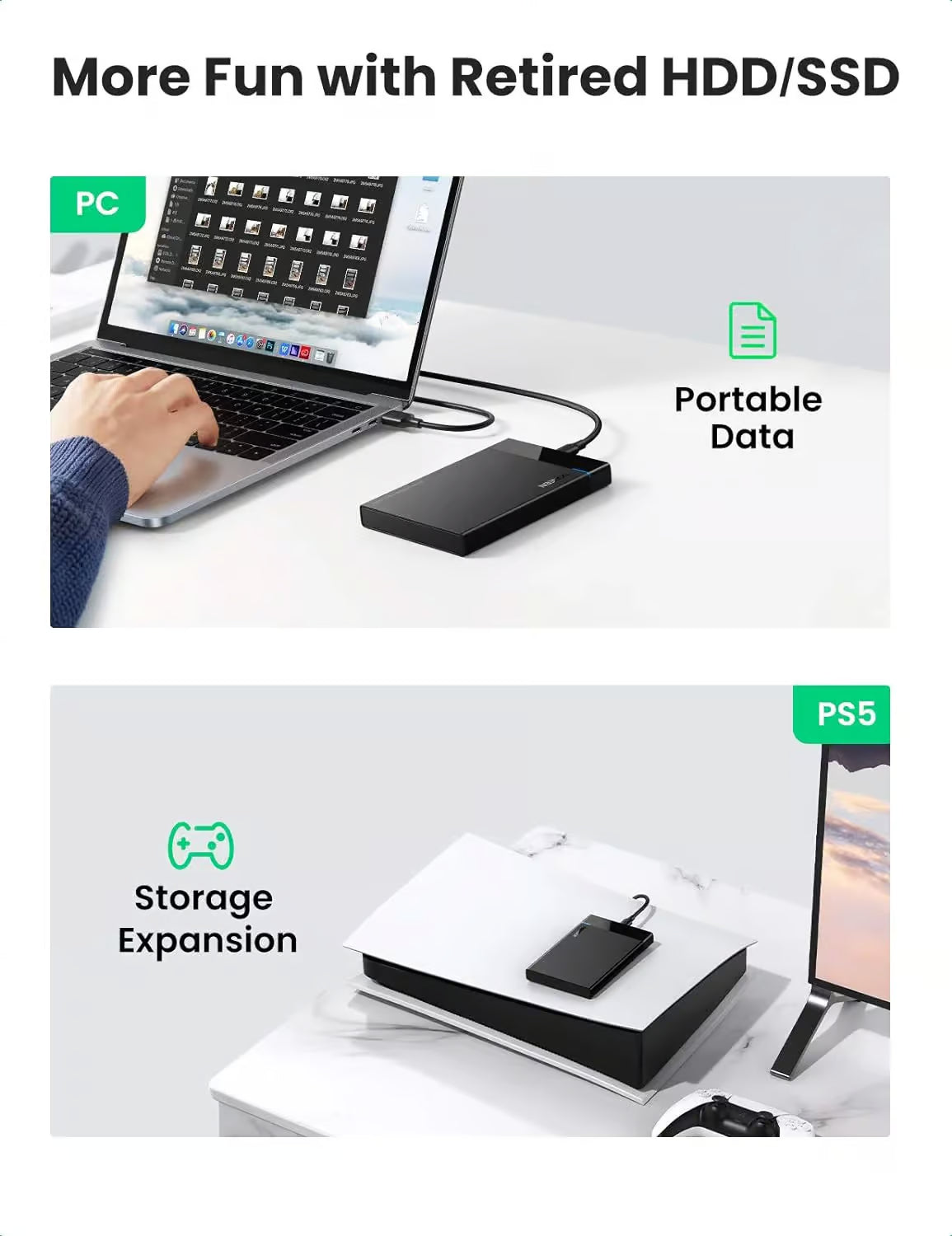 UGREEN 60735 علبة هارد درايف USB 3.1 بحجم 2.5 بوصة – مع كابلات USB-A إلى USB-C و USB-C إلى USB-C