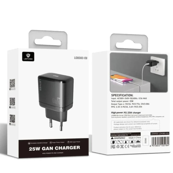 Lenyes LCH383 – شاحن GaN سريع 25 واط بمنفذ Type-C (أسود)