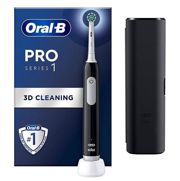 فرشاة الأسنان الكهربائية أورال-بي برو 1 مع تقنية التنظيف ثلاثية الأبعاد وحافظة السفر – أسود