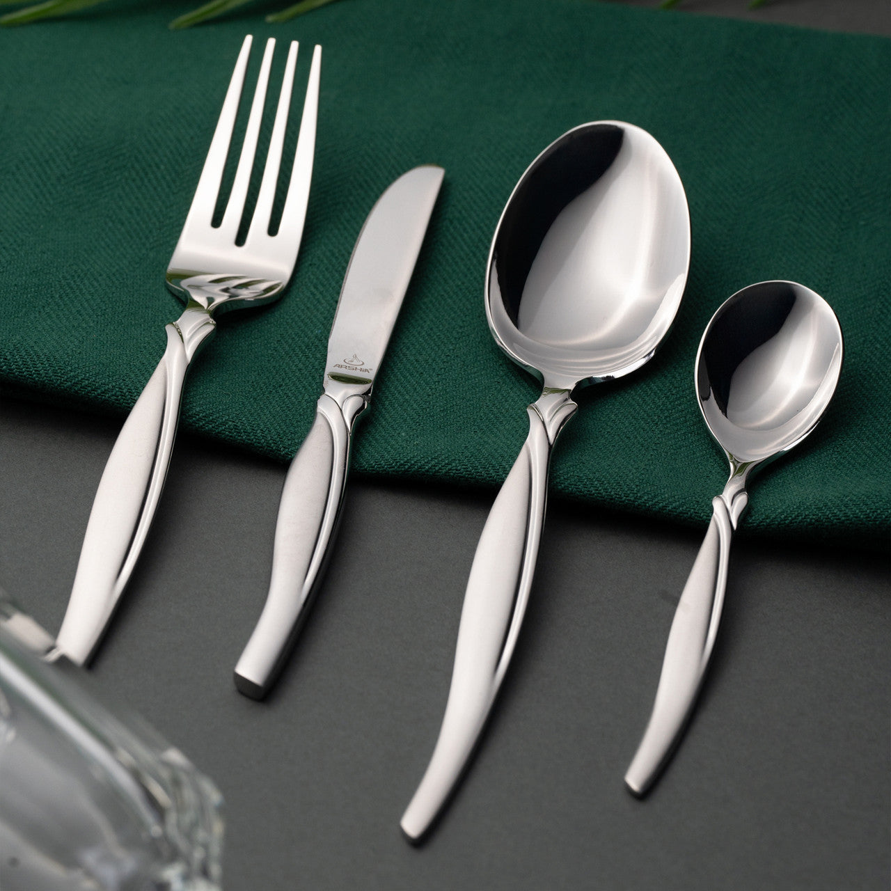 Arshia 26-Piece Stainless Steel Cutlery Set with Stand – Polished Silver