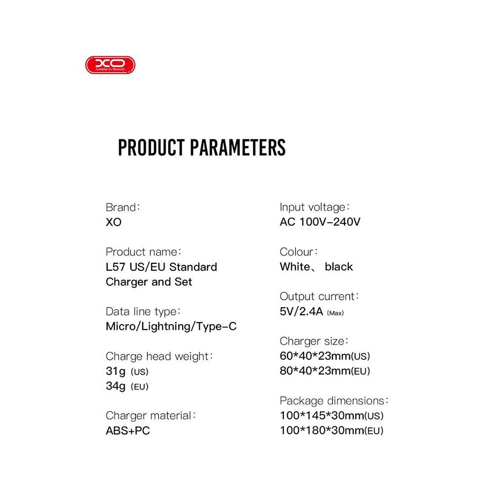 شاحن XO L57 EU ثنائي المنفذ 2.4A - ميكرو