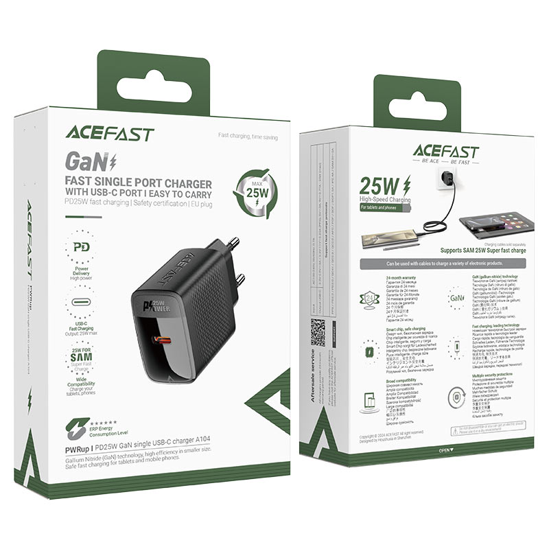 ACEFAST A104 PD25W GaN Wall Charger Single USB-C EU Plug
