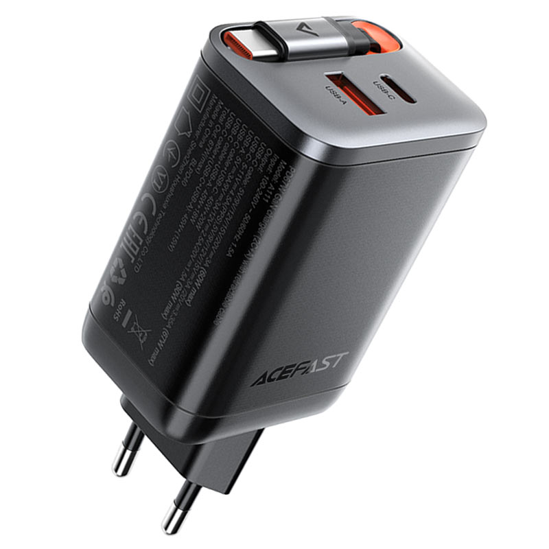 ACEFAST A111 PD67W GaN Wall Charger with Retractable USB-C Cable + USB-A (EU)