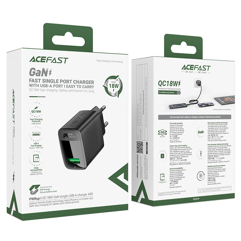 ACEFAST A90 QC18W GaN Wall Charger Single USB-A EU Plug