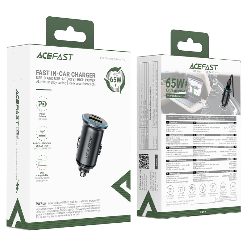 ACEFAST B15 65W Fast Car Charger Dual Port USB-C 65W + USB-A 36W
