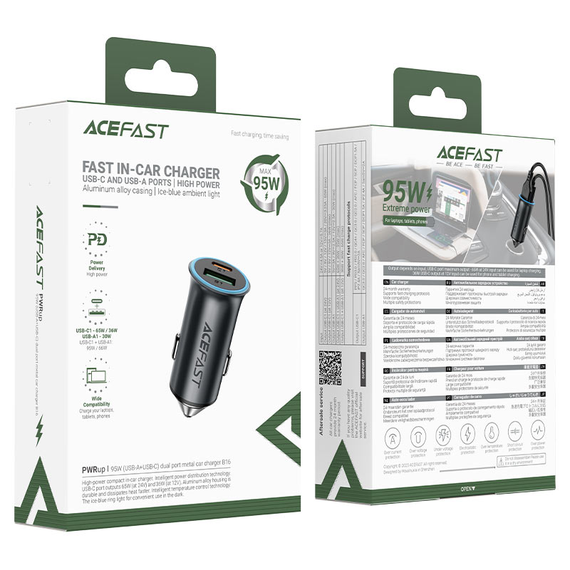 ACEFAST B16 95W Fast Car Charger Dual Port USB-C 65W + USB-A 30W