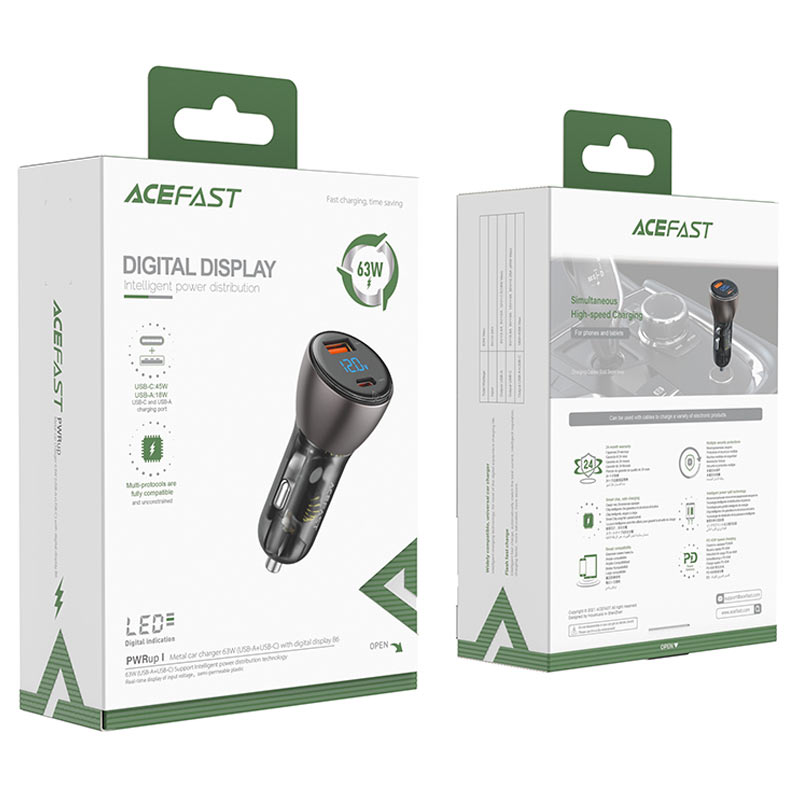 ACEFAST B6 63W Metal Car Charger USB-C 45W + USB-A 18W with LED Display