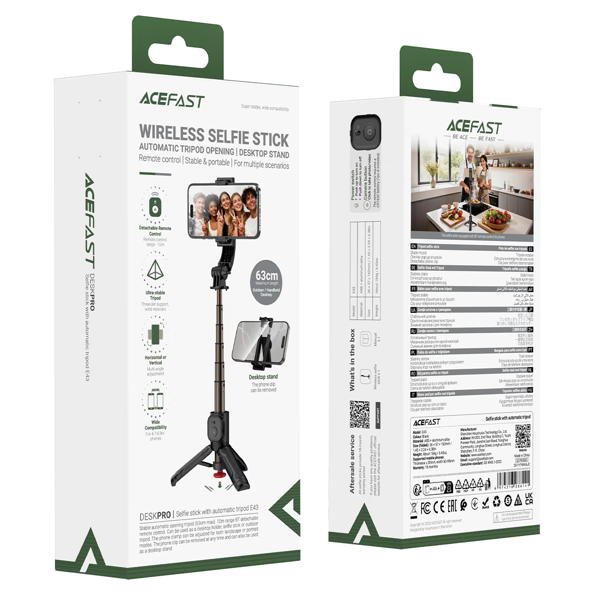 ACEFAST E43 Selfie Stick with Automatic Tripod – Bluetooth Remote, 63cm