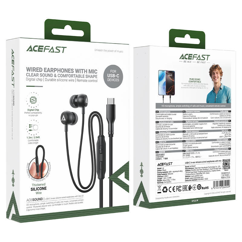 ACEFAST L8 USB-C Wired Earphones with Mic – Digital Chip | HD Mic | 3-Button Remote | Thickened Silicone Cable