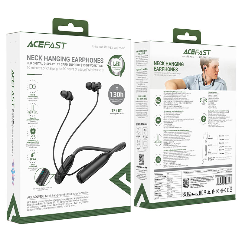 ACEFAST N4 Neck-Hanging Wireless Earphones – Bluetooth 5.3 | 130H Battery | TF Card | LED Display | IPX4 | Fast Charging