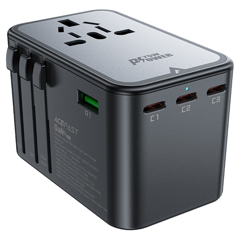 ACEFAST Z1 PD75W GaN Travel Adapter 2300W Universal (3×USB-C + 2×USB-A + AC)