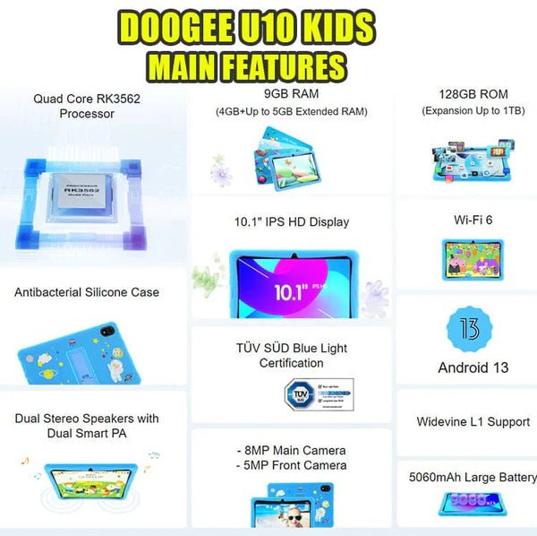 تابلت Doogee U10 للأطفال، واي فاي، ذاكرة وصول عشوائي 4 جيجابايت + ذاكرة وصول عشوائي 128 جيجابايت، شاشة عالية الدقة 10.1 بوصة