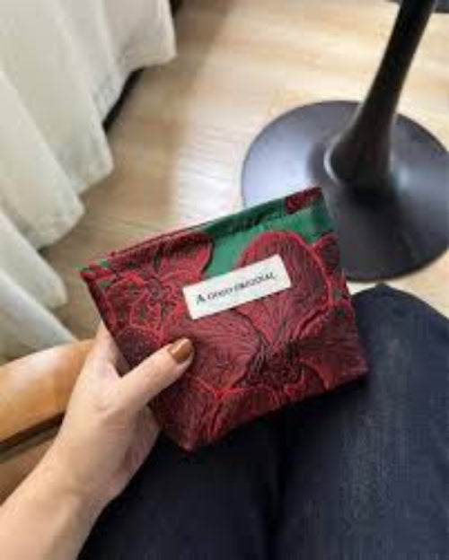 Small Gabardine Makeup Bag with Floral Green Design