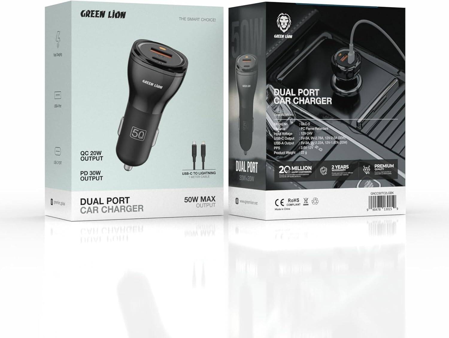 شاحن سيارة Green Lion 50 واط + كابل C إلى لايتنينغ