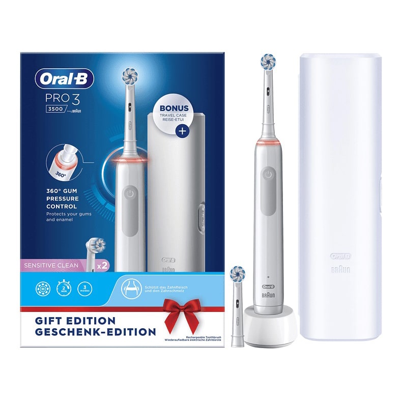 Oral-B by Braun Pro 3 3500 Electric Toothbrush with Smart Pressure Sensor Travel Case & 2 Sensitive Heads – White