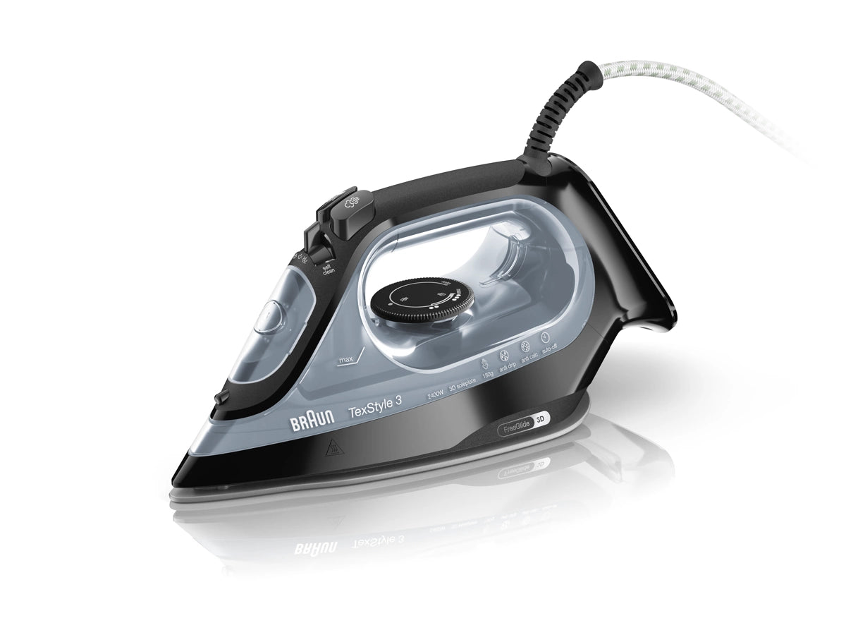 Braun TexStyle 3 Steam Iron 2400W 270ml FreeGlide 3D SuperCeramic Soleplate Auto Shut-Off – Black (SI3055BK)