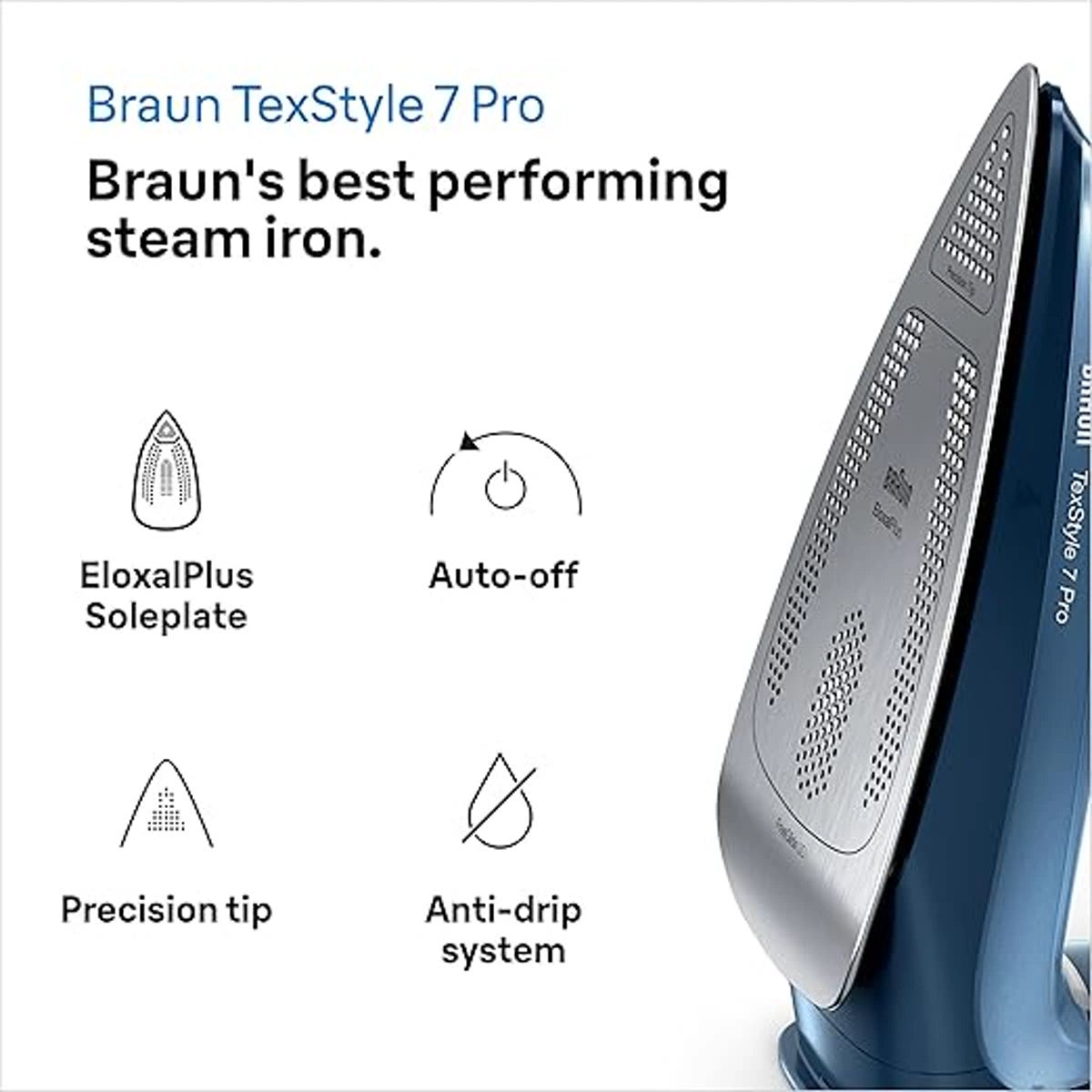 Braun TexStyle 7 Pro Steam Iron 3000W 300ml FreeGlide 3D EloxalPlus Soleplate Auto Shut-Off – Blue (SI7160BL)